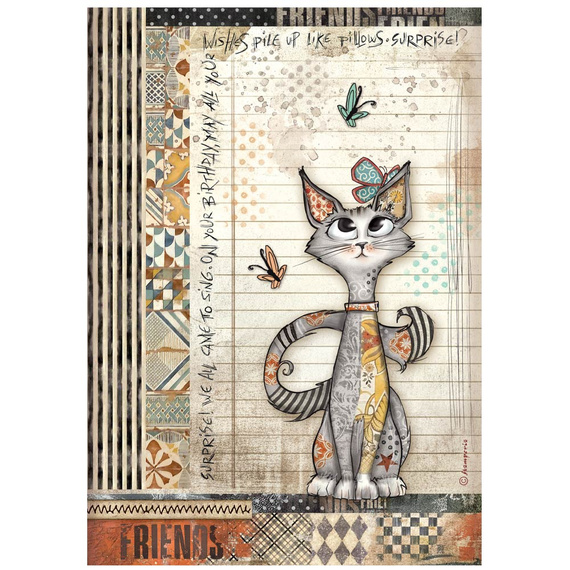 Reispapier für Decoupage A4 - Furry Friends - Katze und Schmetterlinge - Stamperia