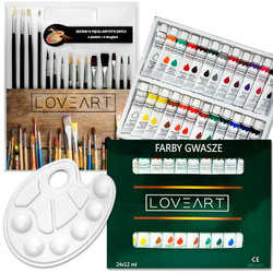 Malset - Loveart Gouache-Farben 24x12 ml, 15 Pinsel, Palette