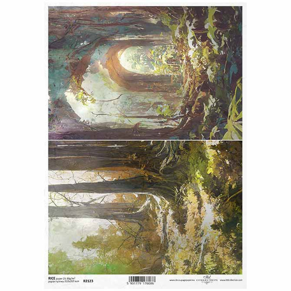 ITD Reispapier Decoupage Bastelpapier Softpapier Serviettentechnik, geheimnisvoller Wald, Bäume R2123