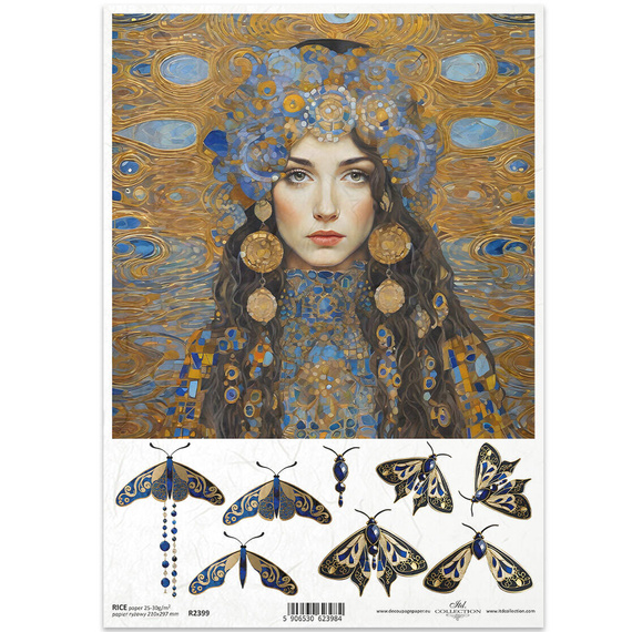 ITD Reispapier Decoupage Bastelpapier Serviettentechnik-R2399 Frau Schmetterling Edelsteine - Inspiriert von Klimt
