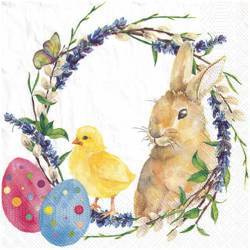 SERVIETTEN 1 Stück Motivservietten Decoupage Napkin 33x33cm, Watercolour chicken & rabbit, Kükenhäschen und Ostereier