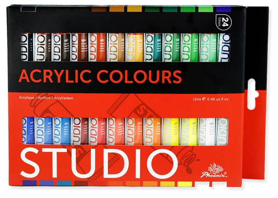 Phoenix Acrylfarben 24x12ml + Block + Pinsel 15 Stk. + Palette