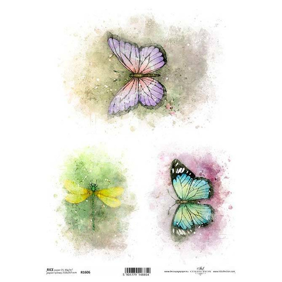Reispapier für Decoupage, Aquarell, farbige Schmetterlinge, Libelle ITD-R1606 - A4