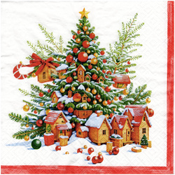 SERVIETTEN 1 Stück Motivservietten Decoupage Napkin 33x33cm - Weihnachtsbaum und Häuschen