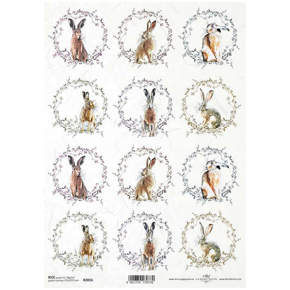 ITD Reispapier Decoupage Bastelpapier, R2016 Hasen, Kränze