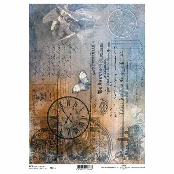 ITD Reispapier Decoupage Bastelpapier Serviettentechnik-R1411 - A4 - Uhren, Vintage, alte Schrift, Engel
