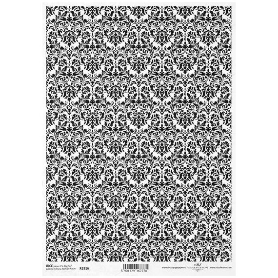ITD Reispapier Decoupage Bastelpapier Serviettentechnik, R1916 Damast, schwarz und weiß