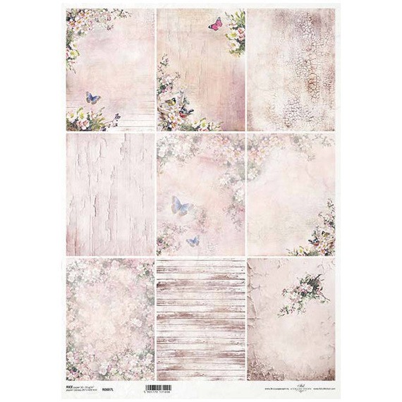 ITD Reispapier Decoupage Bastelpapier, A3 887L Vögel, Blumen, Schmetterlinge, abblätternde Farbe