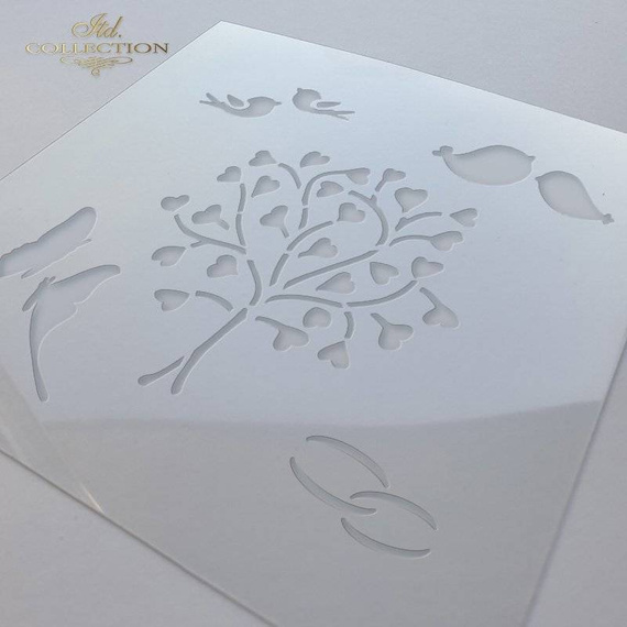ITD Mixed Media Schablone STENCIL für Decoupage Scrapbooking 16x16, Baum, Schmetterlinge, Vögel, Ringe ST0236