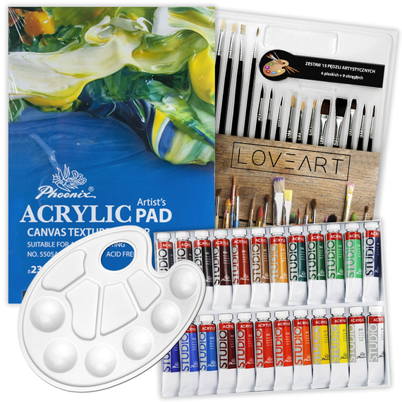Phoenix Acrylfarben 24x12ml + Block + Pinsel 15 Stk. + Palette