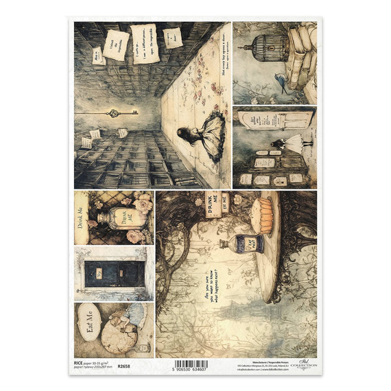 A4 decoupage Reispapier - Alice, Schlüssel, Käfig, Gift, Schriftzug, Bücher - R2658 - Itd Collection