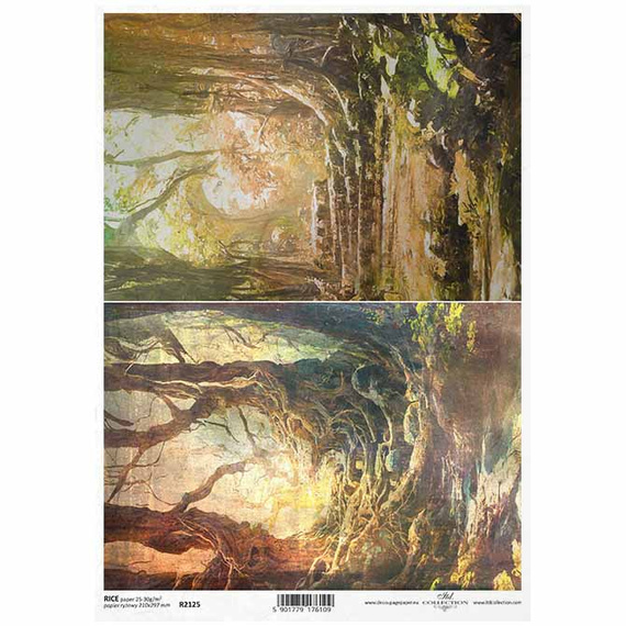 ITD Reispapier Decoupage Bastelpapier Softpapier Serviettentechnik, geheimnisvoller Wald, Bäume R2125