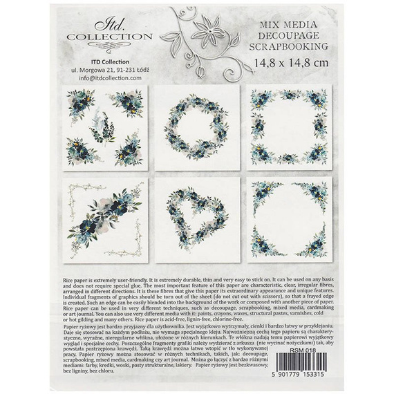 Reispapier-Set, blaue Blumen- ITD 6tlg