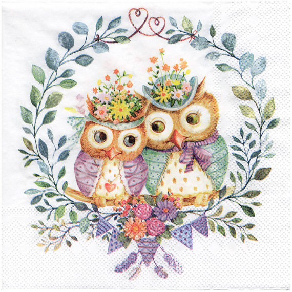 SERVIETTEN 1 Stück Motivservietten Decoupage Napkin 33x33cm, Owl couple in love 