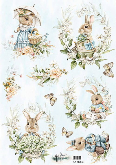 ARTALCHEMY Reispapier Decoupage Bastelpapier Softpapier, Süße Häschen mit Hintergrund