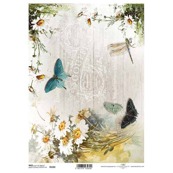 ITD Reispapier Decoupage Bastelpapier Serviettentechnik-R1183 / Schmetterling Libelle Blumen
