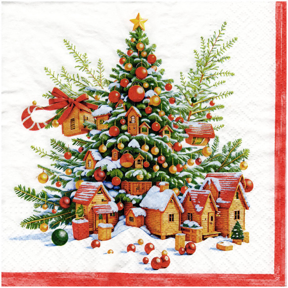 SERVIETTEN 1 Stück Motivservietten Decoupage Napkin 33x33cm - Weihnachtsbaum und Häuschen