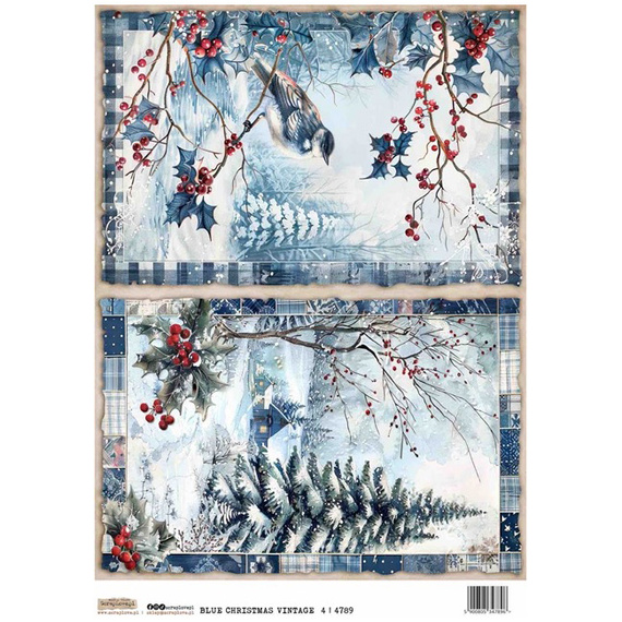 Reispapier A4 - ScrapLove - Christmas Blue Vintage 4 - Weihnachten blau retro