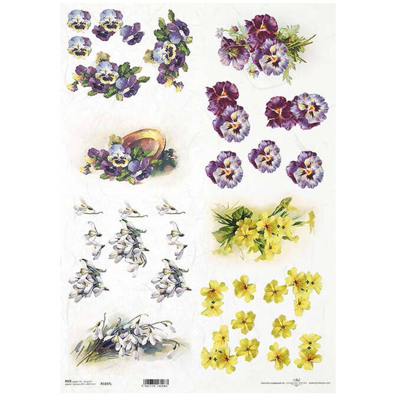 ITD Reispapier Decoupage Bastelpapier A3 Blumen, Schneeglöckchen, Stiefmütterchen, Schlüsselblumen 1037L
