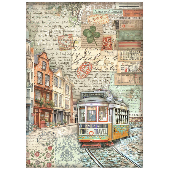 Reispapier Decoupage Bastelpapier A4 - Stamperia - Art of Travelling Straßenbahn