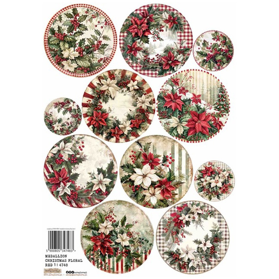 Reispapier A4 - ScrapLove - Medallion Christmas Floral Red 1 - Medaillons Weihnachten rote Blumen