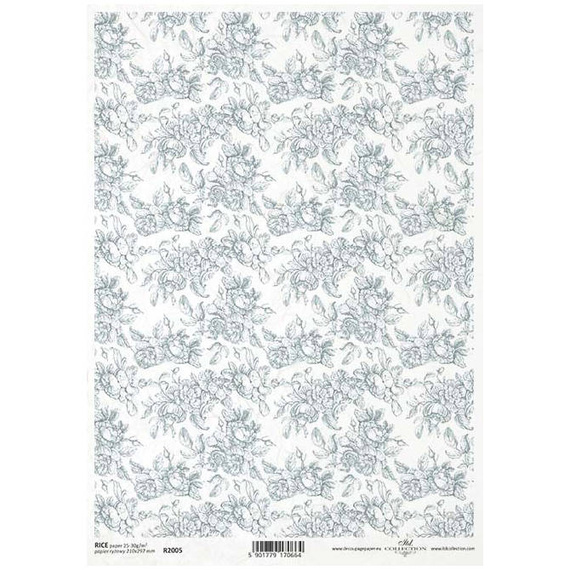 ITD Reispapier Decoupage Bastelpapier, R2005 Tapetenmotiv, Blumen in Blautönen, blau
