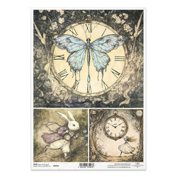 A4 Decoupage Reispapier - Schmetterling, Motte, Weißes Kaninchen, Uhr, Alice - R2645 - Itd Collection