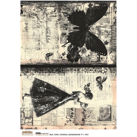 Reispapier Decoupage Bastelpapier A4 - Scraplove - B&W Junk Journal Background 11