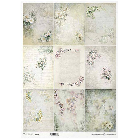 ITD Reispapier Decoupage Bastelpapier A3 - 907L Obstblumen, Vergissmeinnicht, Stiefmütterchen, Maiglöckchen, Kamille