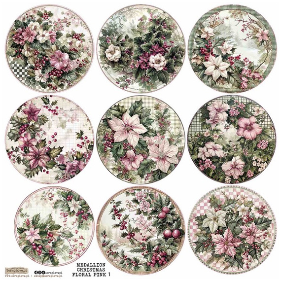AUFKLEBER papier - ScrapLove - Medallion Christmas Floral Pink - Medaillons Weihnachten Rosa