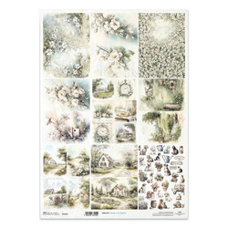 Reispapier Decoupage Bastelpapier für Decoupage A3 ITD-1427Ländliche Tiere, idyllische Landschaft, Felder, Wiesen, Hunde, Katzen