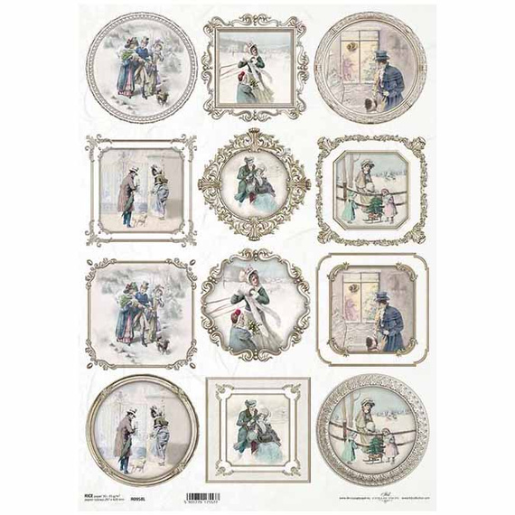 ITD Reispapier Decoupage Bastelpapier A3 Vintage-Rahmen, Figuren, Winterlandschaft R958L