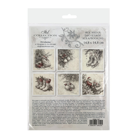 Reispapier-Set - Schlittschuhe, Weihnachtsmann, Schuhe, Geschenktüte, Kugeln - RSM197 - Itd Collection