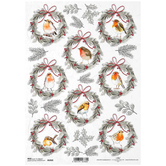 ITD Reispapier Decoupage Bastelpapier Serviettentechnik, R1919 Weihnachtsgirlanden, Vögel