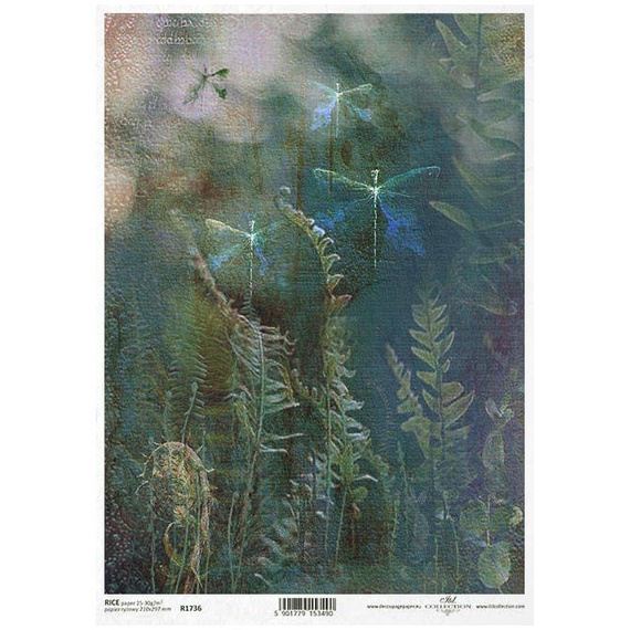 Reispapier für Decoupage, Farne, Hintergrund, Libellen, ITD-R1736 - A4