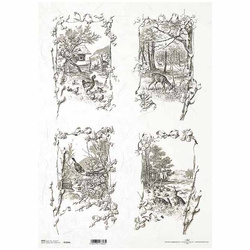 ITD Reispapier Decoupage Bastelpapier A3 Jahrgang, Aussicht, Landschaft, Waldtiere, Frühling, Hühner 1004L