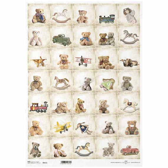 ITD Reispapier Decoupage Bastelpapier A3 Retro-Spielzeug, Teddybären 0651L