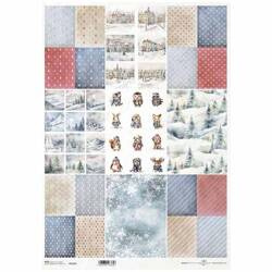 Reispapier für Decoupage A3 ITD-1145L Rauten, Streifen, Schneeflocken, Wintertiere