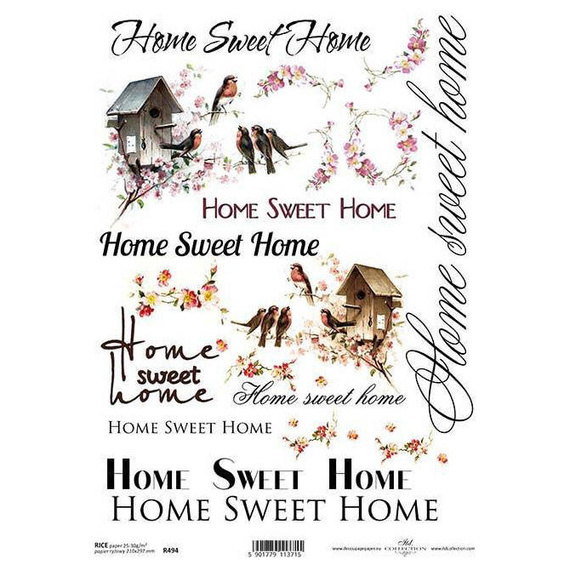 ITD Reispapier Decoupage Bastelpapier Softpapier, R494 Home sweet home Vögel