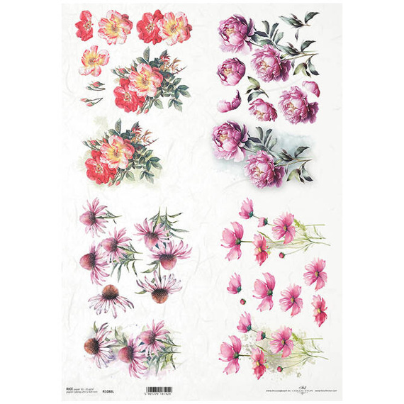 Reispapier für Decoupage A3 ITD-1088L Pfingstrose, Grasmücke, gefiederter Kosmos, Wildrose