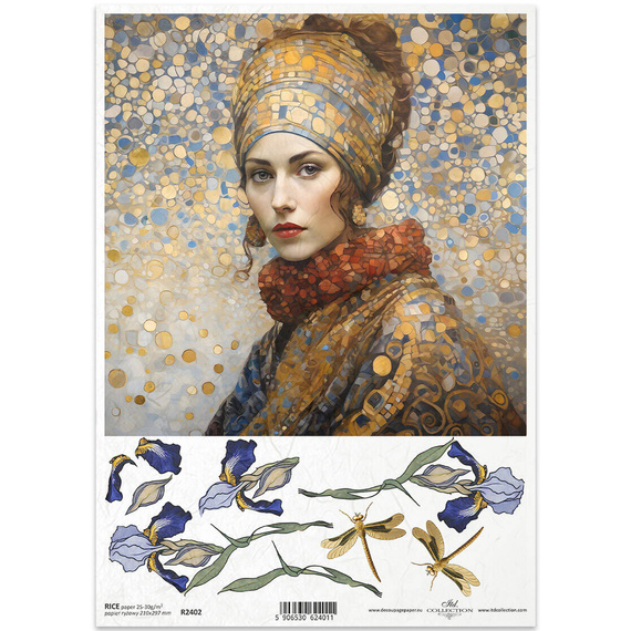 ITD Reispapier Decoupage Bastelpapier Serviettentechnik-R2402 Mosaik Frau Irisblüten - Inspiriert von Klimt