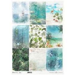 ITD Reispapier Decoupage Bastelpapier, A3 861L Muscheln, Segelboot, Seepferdchen, Pelikan, Tukan, Monstera-Blätter