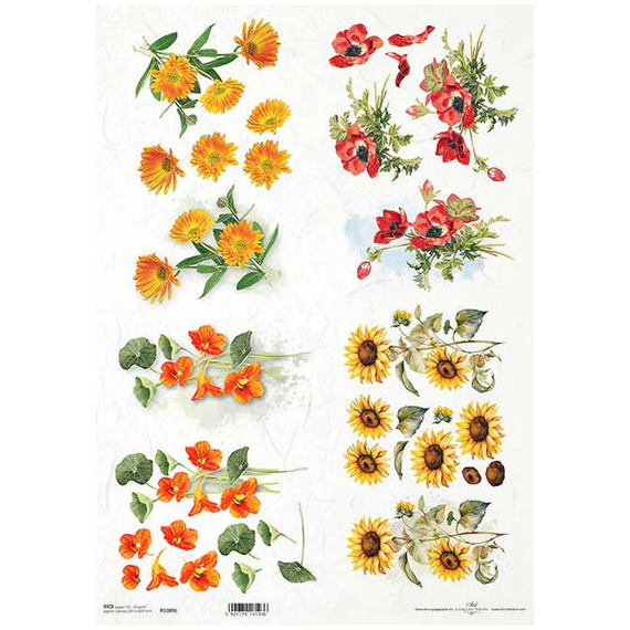 Reispapier für Decoupage A3 ITD-1089L Ringelblume, Sonnenblume, Mohnblumen, Kapuzinerkresse
