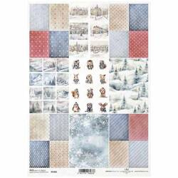 ITD Reispapier Decoupage Bastelpapier Serviettentechnik-R2306 Rauten, Streifen, Schneeflocken, Tiere im Winterkostüm