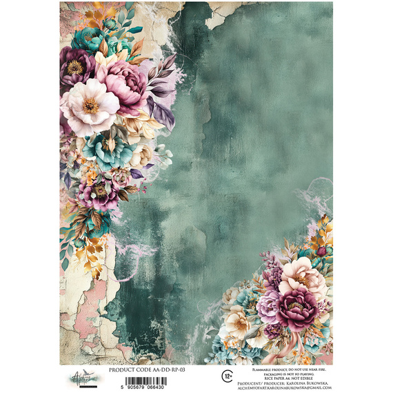 Reispapier für Decoupage A4 - Art of Alchemy - Dreamy Dreams, türkisfarbener Hintergrund