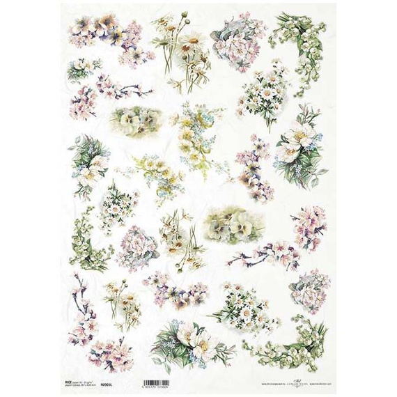 ITD Reispapier Decoupage Bastelpapier A3 - 905L Obstblumen, Maiglöckchen, Kamille, Vergissmeinnicht, Stiefmütterchen