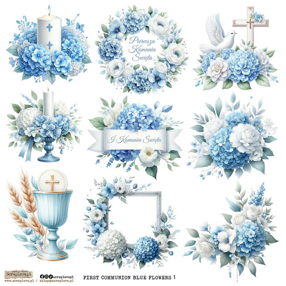 AUFKLEBER ScrapLove Dekor Stickers -  First Communion Flowers Blue 1 