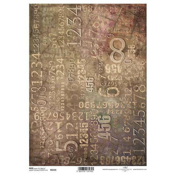 ITD Reispapier Decoupage Bastelpapier Serviettentechnik-R1115 - A4 retro, Vintage, Hintergrund, Zahl, Ziffern, Zahlen, Zahlen, Steampunk, Rost