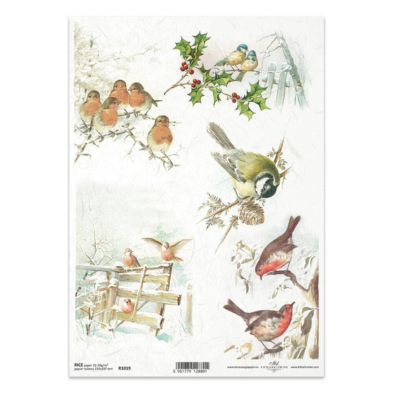 Reispapier für Decoupage - Winter, Vogel, Meise, Rotschenkel, Stechpalme - R1019 - Itd Collection