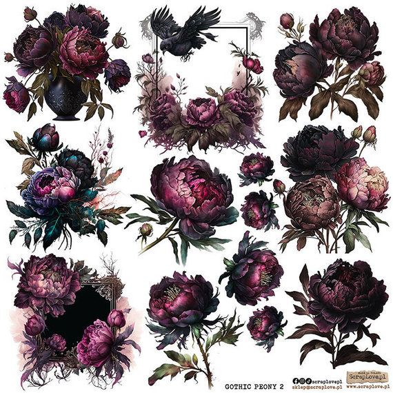 AUFKLEBER Dekor Stickers - ScrapLove - gotische Pfingstrosen